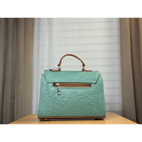 Sage Green Sunflower Embossed Tooled Artisan LEATHER Crossbody Handbag Purse - Picture 9 of 13
